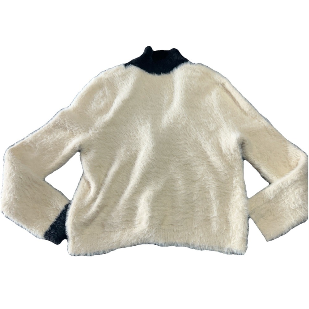 Express Tipped Faux Fur Novelty 4 Button  Cardigan Cream Black Trim Sz M - Picture 2 of 8